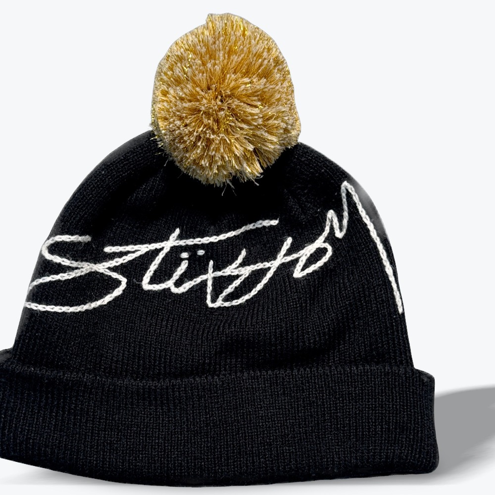 Vintage Stussy Goldie Pom Cursive Logo Cuff Beanie Mens Script Logo Knit Hat OS